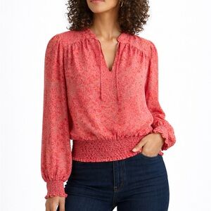 Anthropologie Madison d’Amelie pink floral smocked waist blouse sz L 8 10 12